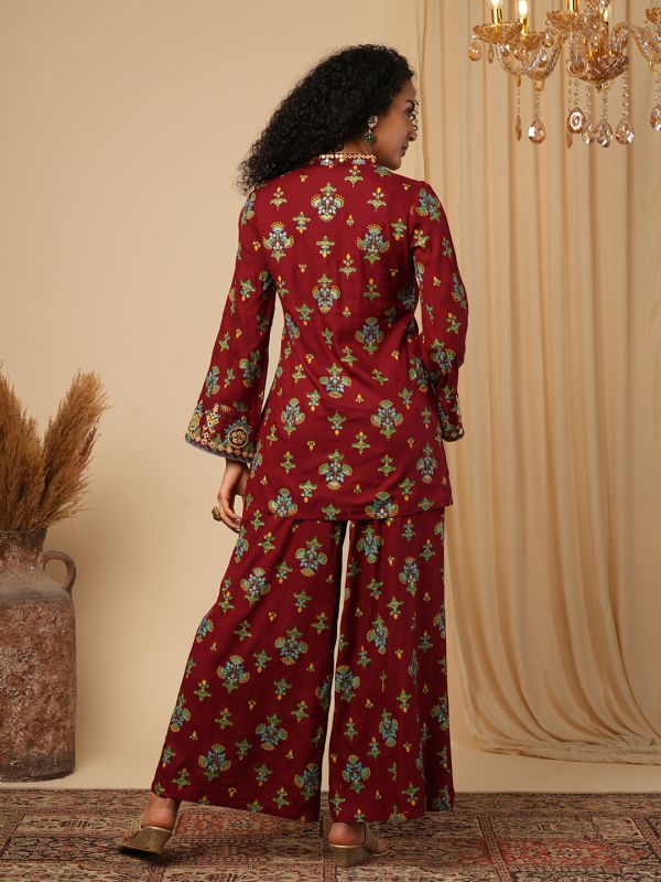 Globus Women Maroon Embroidery Detail Mirror Work Ethnic Motifs Bell Sleeves Front Slit Top With Pants Fusion Co-Ord Set