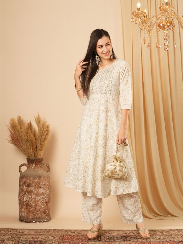 Globus Women White Sequinned Embroidered Yoke Allover Floral Print Panelled Anarkali Kurta With Narrow Pants Festive Set