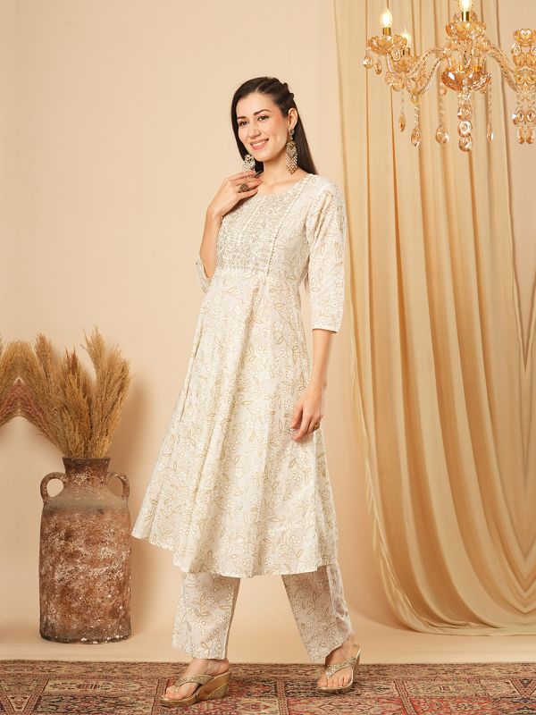 Globus Women White Sequinned Embroidered Yoke Allover Floral Print Panelled Anarkali Kurta With Narrow Pants Festive Set