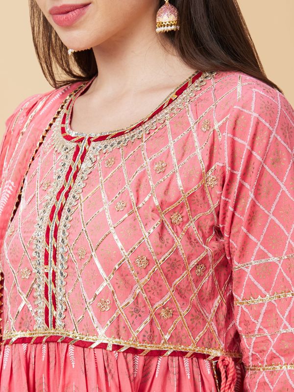 Globus Women Pink Gotta Patti & Allover Printed Pleated Tiered Anarkali Kurta With Sharara & Dupatta