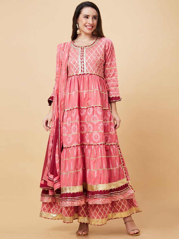 Globus Women Pink Gotta Patti & Allover Printed Pleated Tiered Anarkali Kurta With Sharara & Dupatta