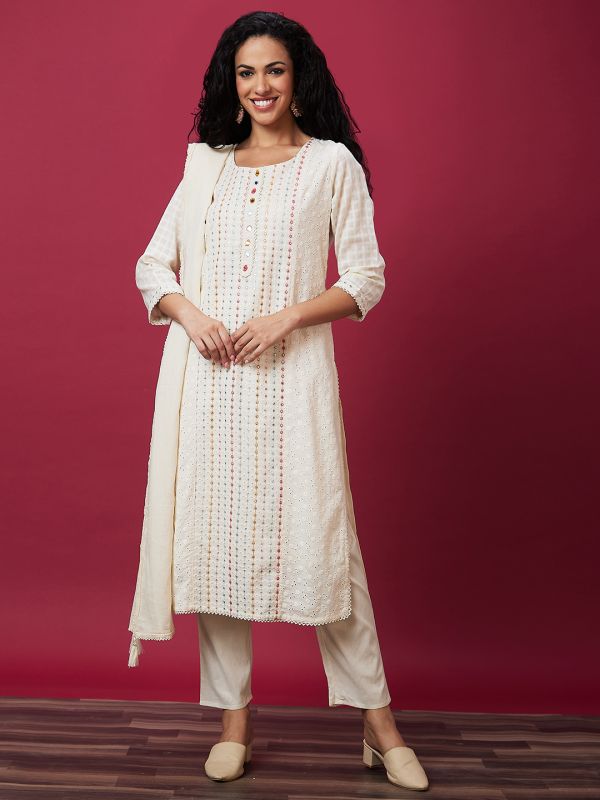 Globus Women Off-White Woven Design Panelled Festive Kurta Set with Dupatta