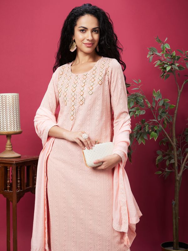 Globus Women Peach Ethnic Motifs Print Kurta Set with Trouser