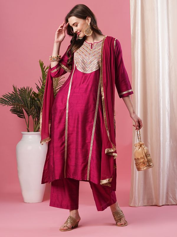 Globus Women Plum Embroidered Yoke Panelled Calf Length A-Line Kurta With Narrow Pant & Dupatta