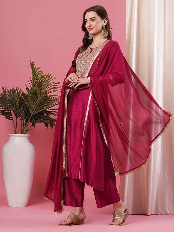 Globus Women Plum Embroidered Yoke Panelled Calf Length A-Line Kurta With Narrow Pant & Dupatta