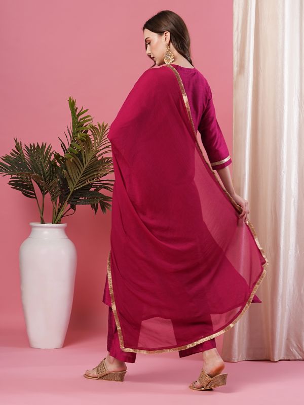 Globus Women Plum Embroidered Yoke Panelled Calf Length A-Line Kurta With Narrow Pant & Dupatta