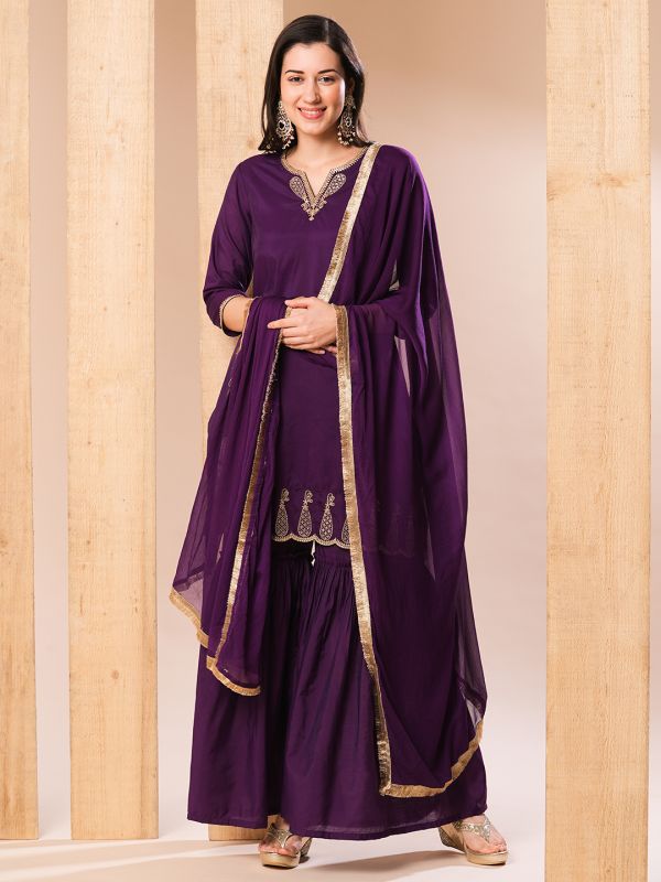 Globus Women Purple Embroidered Neckline Straight Kurti With Sharara Pants & Fringed Dupatta