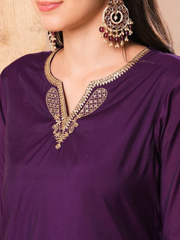 Globus Women Purple Embroidered Neckline Straight Kurti With Sharara Pants & Fringed Dupatta