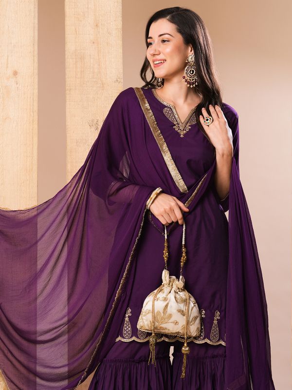 Globus Women Purple Embroidered Neckline Straight Kurti With Sharara Pants & Fringed Dupatta