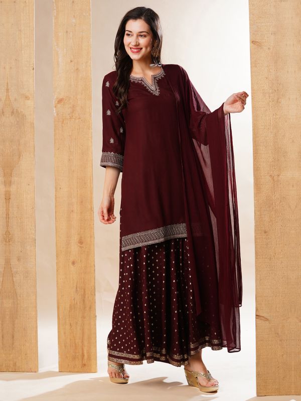 Globus Women Maroon Embroidered Neckline Straight Festive Kurta Set With Palazzos & Dupatta