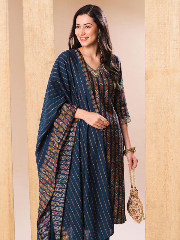 Globus Women Blue Embroidered Neckline Allover Printed Straight Kurta With Pants & Dupatta