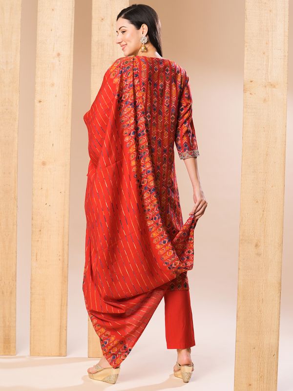 Globus Women Red Embroidered Neckline Allover Printed Straight Kurta With Pants & Dupatta