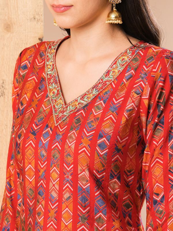 Globus Women Red Embroidered Neckline Allover Printed Straight Kurta With Pants & Dupatta