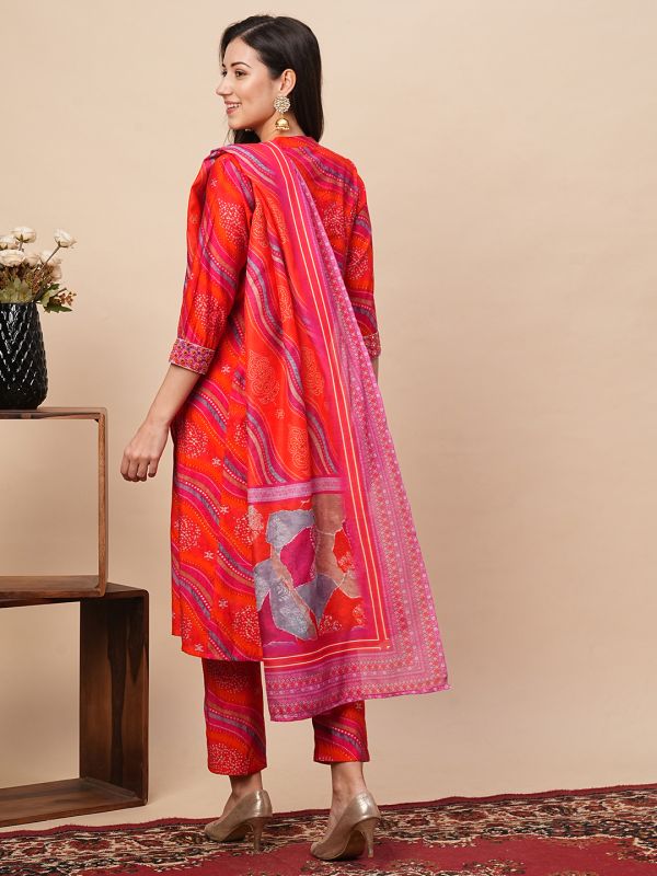 Globus Women Orange Leheriya Print Panelled Kurta With Narrow Pants & Dupatta