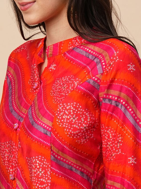 Globus Women Orange Leheriya Print Panelled Kurta With Narrow Pants & Dupatta