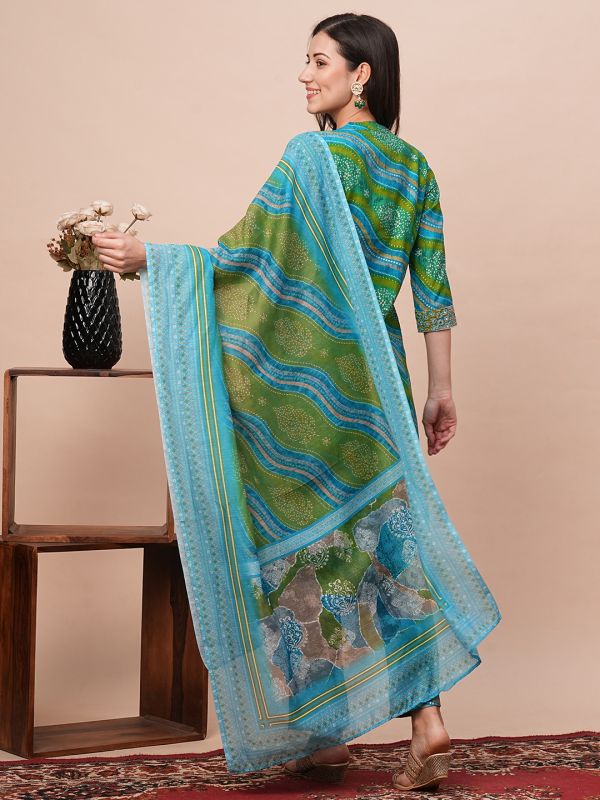 Globus Women Green Leheriya Print Panelled Kurta With Narrow Pants & Dupatta