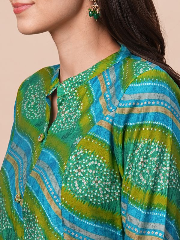 Globus Women Green Leheriya Print Panelled Kurta With Narrow Pants & Dupatta