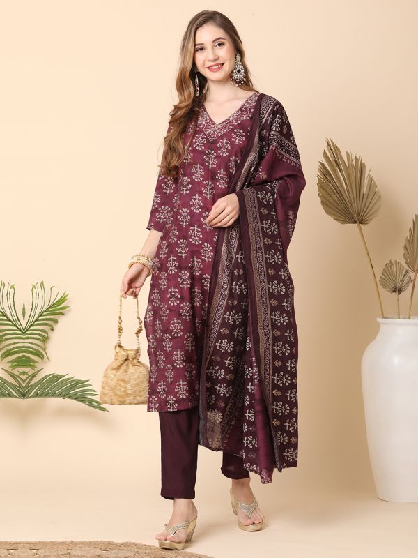 Globus Women Wine Allover Printed Straight Kurta With Narrow Pants & Dupatta 