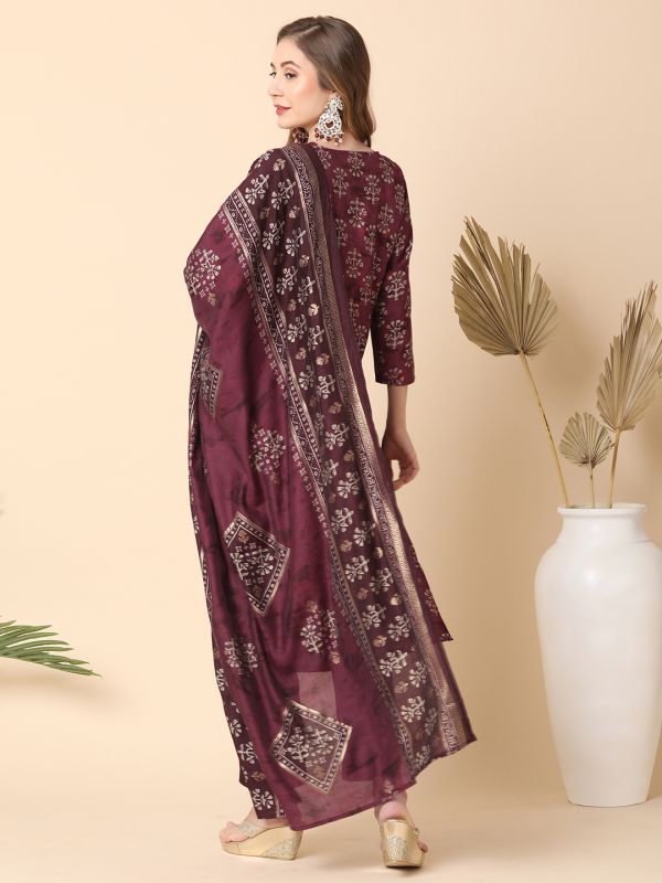 Globus Women Wine Allover Printed Straight Kurta With Narrow Pants & Dupatta 