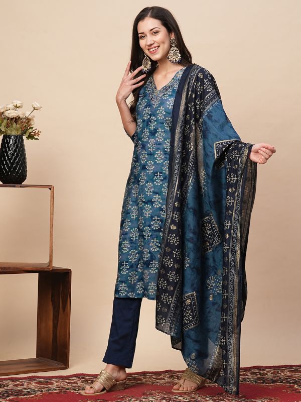 Globus Women Blue Embroidered V-Neck Allover Printed Kurta With Pants & Dupatta