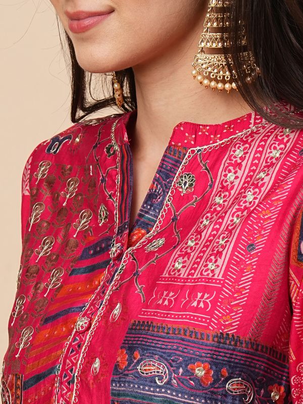 Globus Women Pink Mandarin Collar Allover Printed Kurta With Narrow Pants & Dupatta