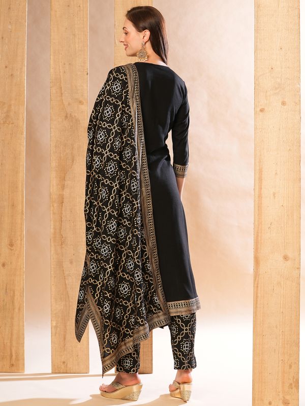 Globus Women Black Embroidered Yoke A-Line Kurta With Printed Pants & Dupatta