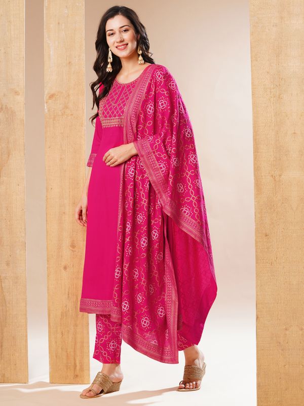 Globus Women Pink Embroidered Yoke A-Line Festive Kurta With Dupatta & Pant Set