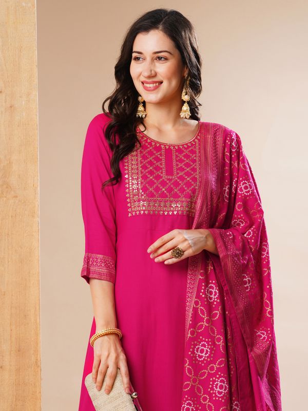 Globus Women Pink Embroidered Yoke A-Line Festive Kurta With Dupatta & Pant Set