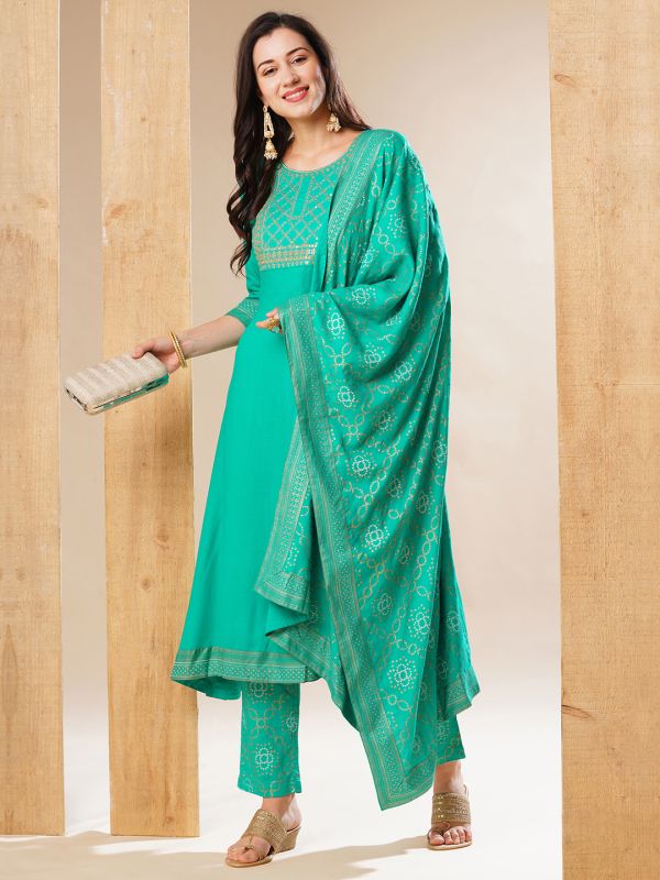 Globus Women Green Embroidered Yoke A-Line Festive Kurta With Dupatta & Pant Set