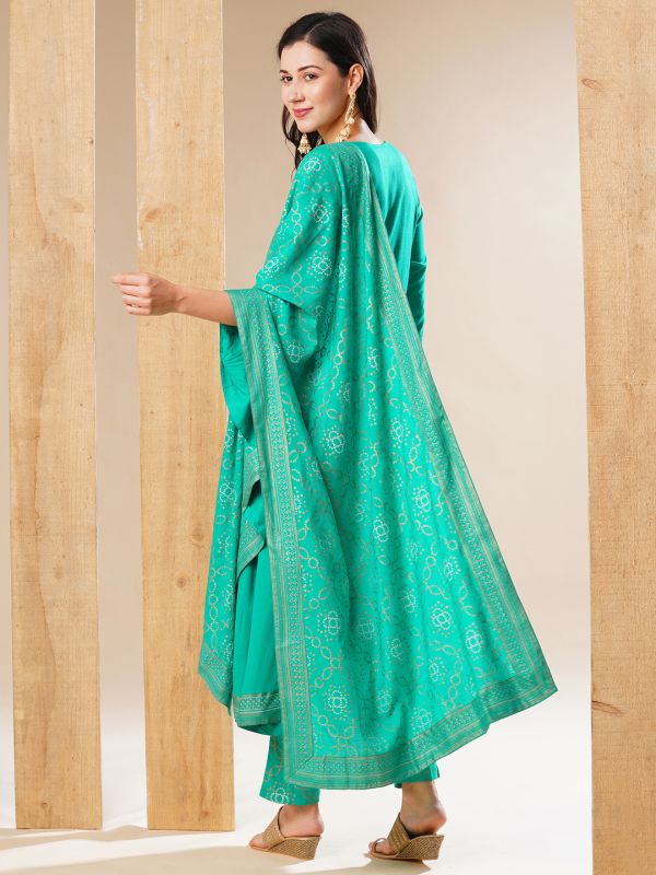 Globus Women Green Embroidered Yoke A-Line Festive Kurta With Dupatta & Pant Set