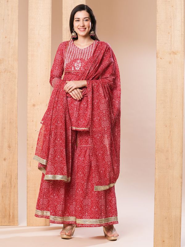 Globus Women Pink Embroidered Yoke Allover Printed A-Line Kurti With Sharara Pants & Dupatta