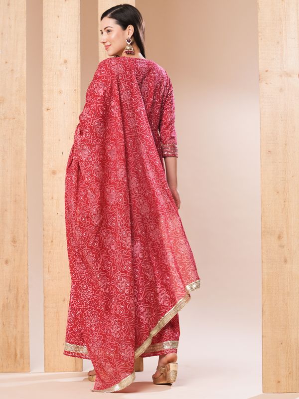 Globus Women Pink Embroidered Yoke Allover Printed A-Line Kurti With Sharara Pants & Dupatta