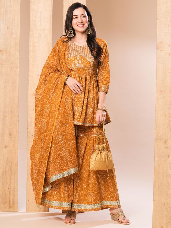 Globus Women Mustard Embroidered Yoke Allover Printed A-Line Kurti With Sharara Pants & Dupatta