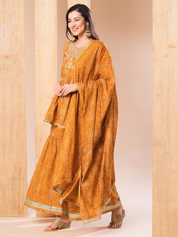 Globus Women Mustard Embroidered Yoke Allover Printed A-Line Kurti With Sharara Pants & Dupatta