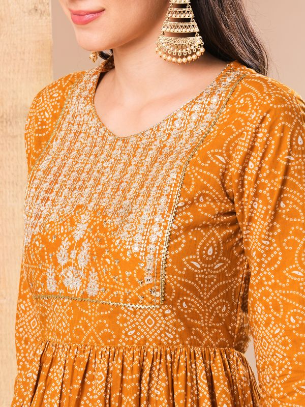 Globus Women Mustard Embroidered Yoke Allover Printed A-Line Kurti With Sharara Pants & Dupatta