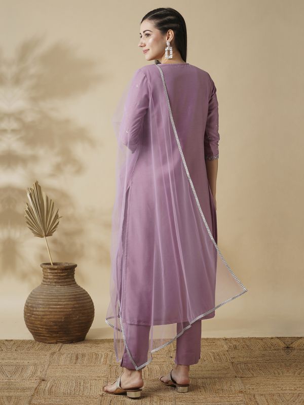 Globus Women Lavender Embroidered Sequinned Calf Length A-Line Kurta, Trousers & Tassel Dupatta Set