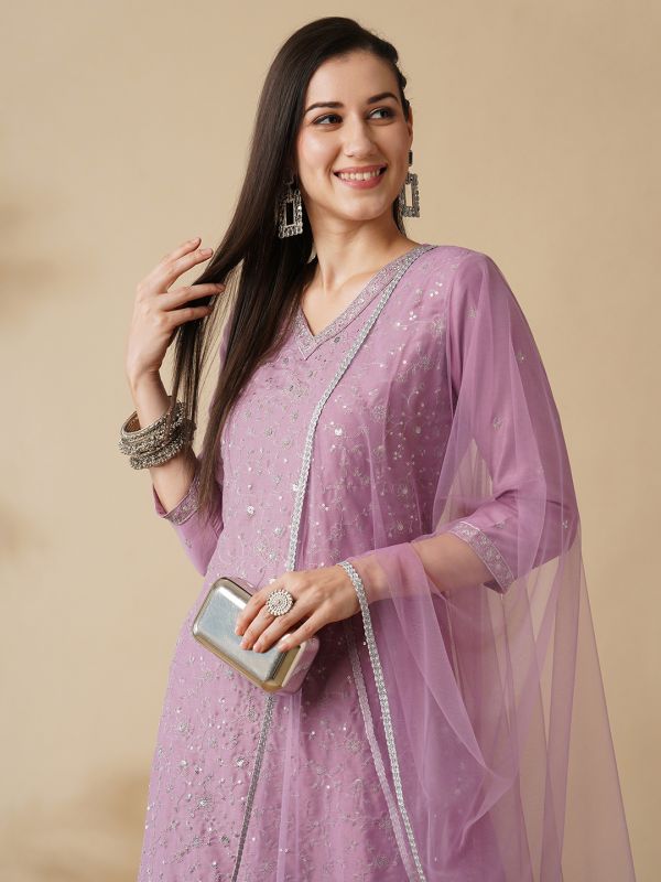 Globus Women Lavender Embroidered Sequinned Calf Length A-Line Kurta, Trousers & Tassel Dupatta Set