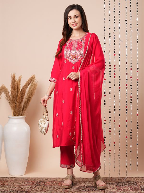 Globus Women Red Sequinned & Floral Embroidered Yoke Straight Festive Kurta With Pants & Dupatta