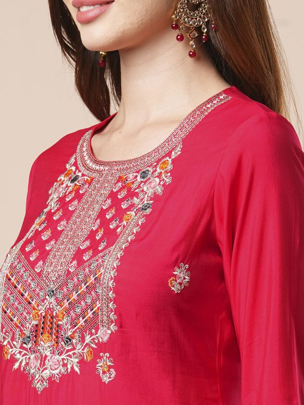 Globus Women Red Sequinned & Floral Embroidered Yoke Straight Festive Kurta With Pants & Dupatta