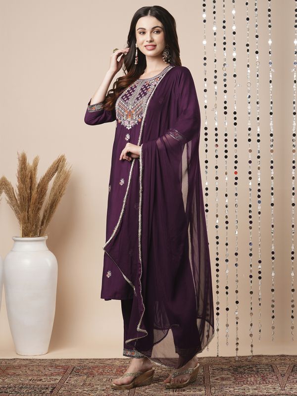 Globus Women Purple Sequinned & Floral Embroidered Yoke Straight Festive Kurta With Pants & Dupatta