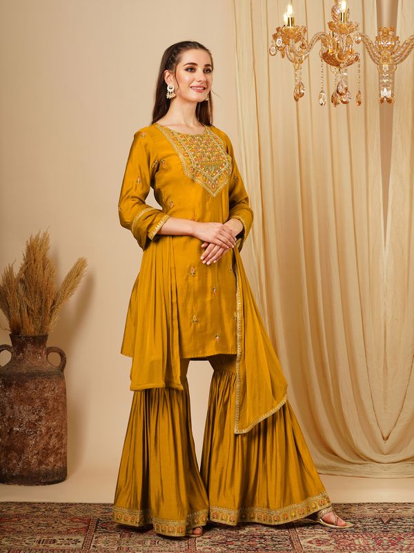 Globus Women Mustard Round Neck Sequinned Embroidered Yoke Straight Kurta With Gharara & Lace Dupatta Festive Set