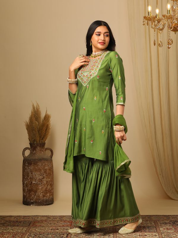 Globus Women Green Floral Embroidered Yoke Straight Kurta, Gharara & Gold Lace Detail Dupatta Festive Set