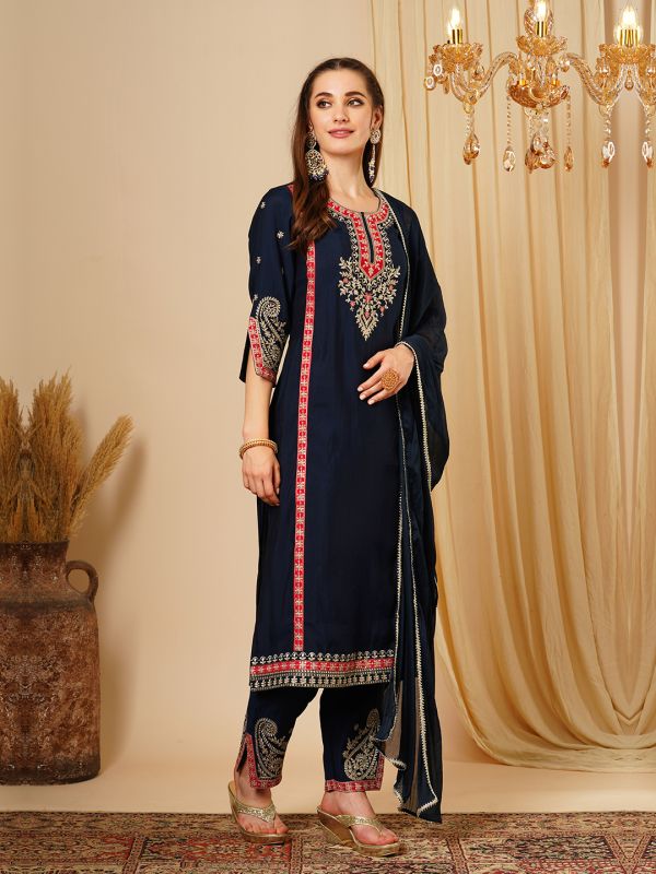 Globus Women Navy Blue Embroidered & Gotta Lace Yoke Straight Paisley Print Hem Kurta, Trousers & Dupatta Festive Set