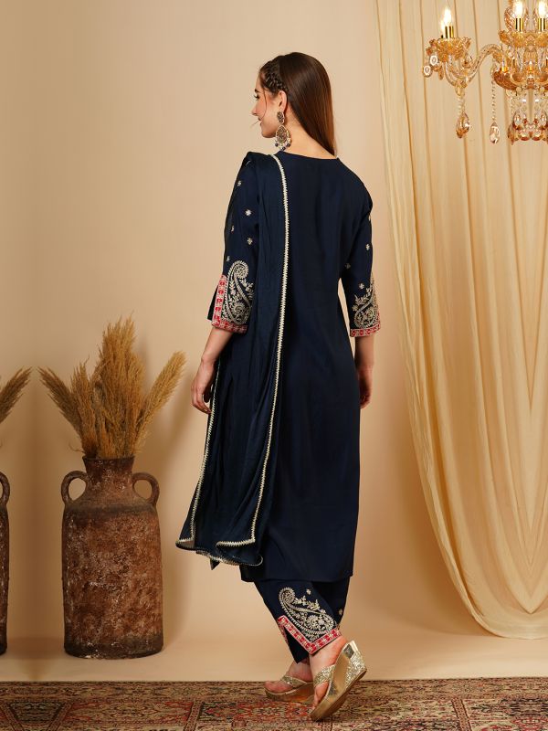 Globus Women Navy Blue Embroidered & Gotta Lace Yoke Straight Paisley Print Hem Kurta, Trousers & Dupatta Festive Set