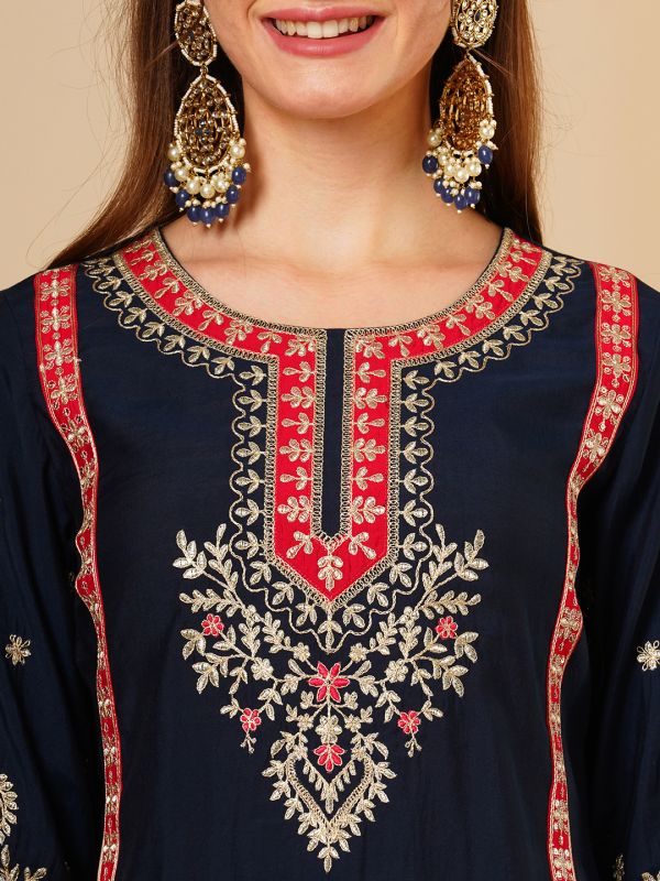 Globus Women Navy Blue Embroidered & Gotta Lace Yoke Straight Paisley Print Hem Kurta, Trousers & Dupatta Festive Set