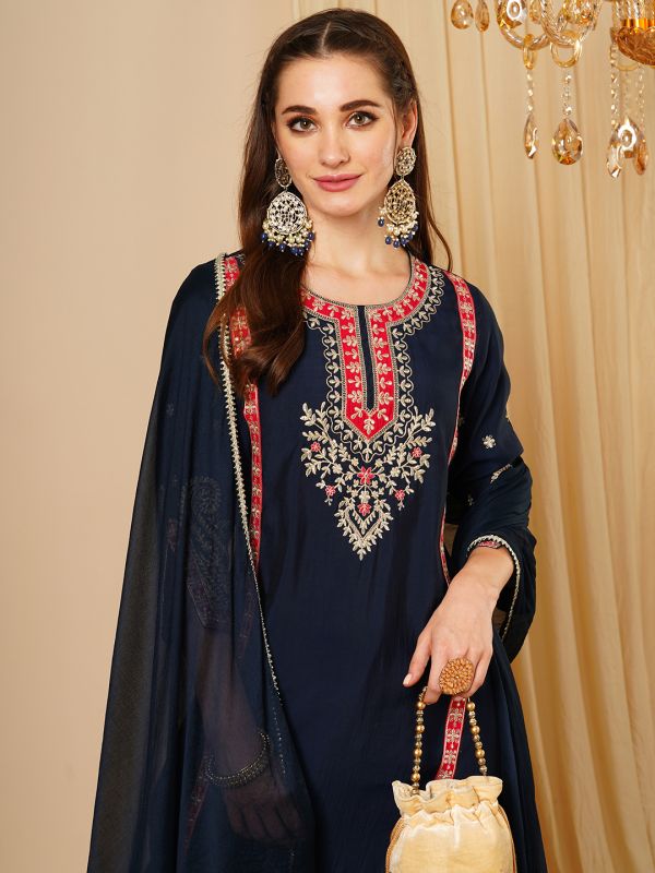 Globus Women Navy Blue Embroidered & Gotta Lace Yoke Straight Paisley Print Hem Kurta, Trousers & Dupatta Festive Set