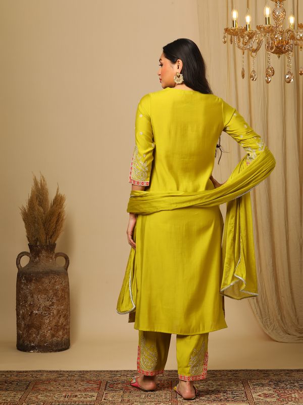 Globus Women Lime Green Zari Embroidered Yoke Panelled Straight Kurta, Pants & Lace Detail Dupatta Festive Set