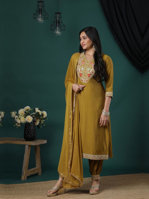 Globus Women Mustard Sequinned & Floral Embroidered V-Neck Straight Kurta, Afghani Pants & Dupatta Festive Set