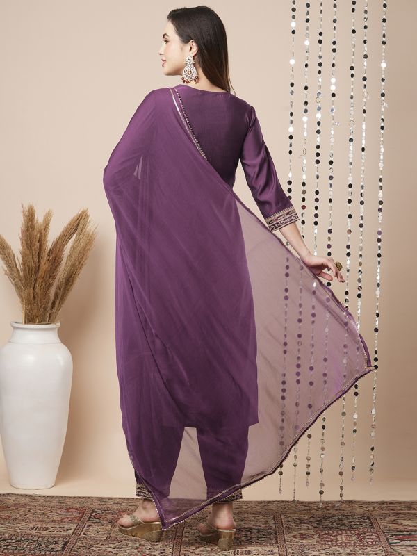 Globus Women Purple Sequinned & Floral Embroidered V-Neck Straight Festive Kurta With Afghani Pants & Dupatta