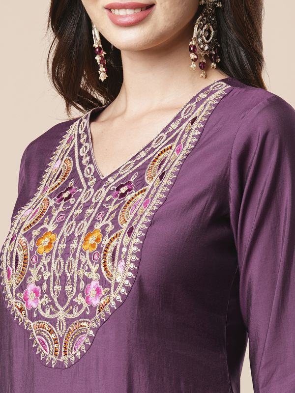 Globus Women Purple Sequinned & Floral Embroidered V-Neck Straight Festive Kurta With Afghani Pants & Dupatta